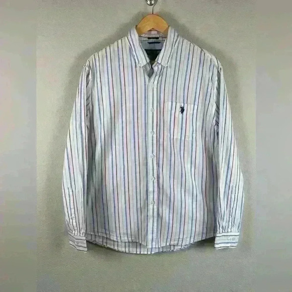 U.S. Polo Assn. Stretch Button Down Long Sleeve Striped Short Men’s Large - Picture 1 of 13